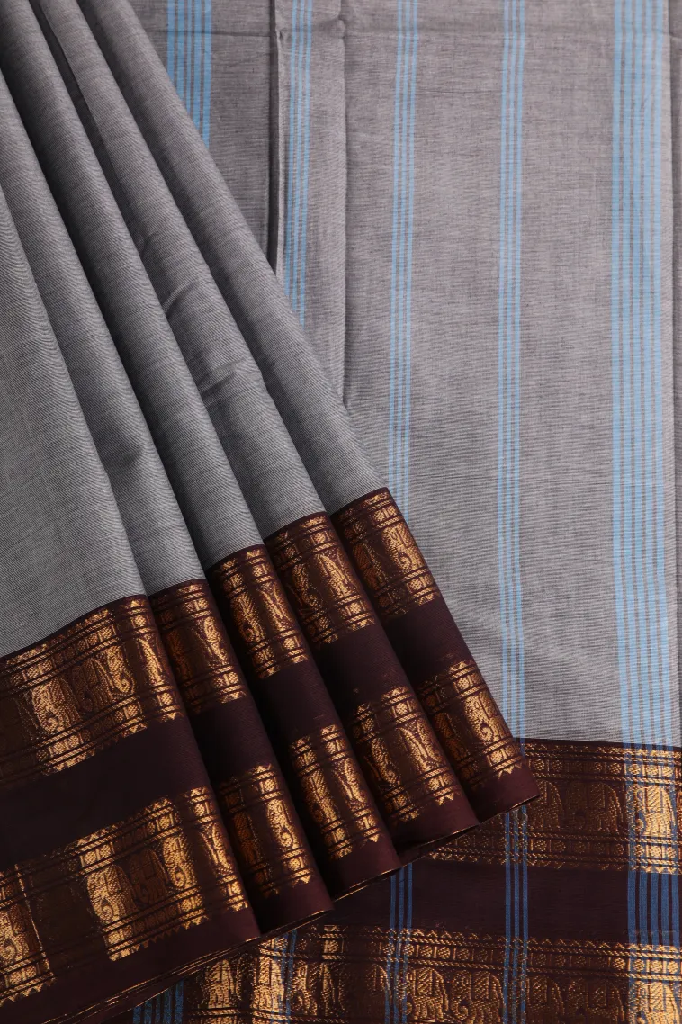 Gray Black Chettinad Cotton Sarees with Gold Zari Plain