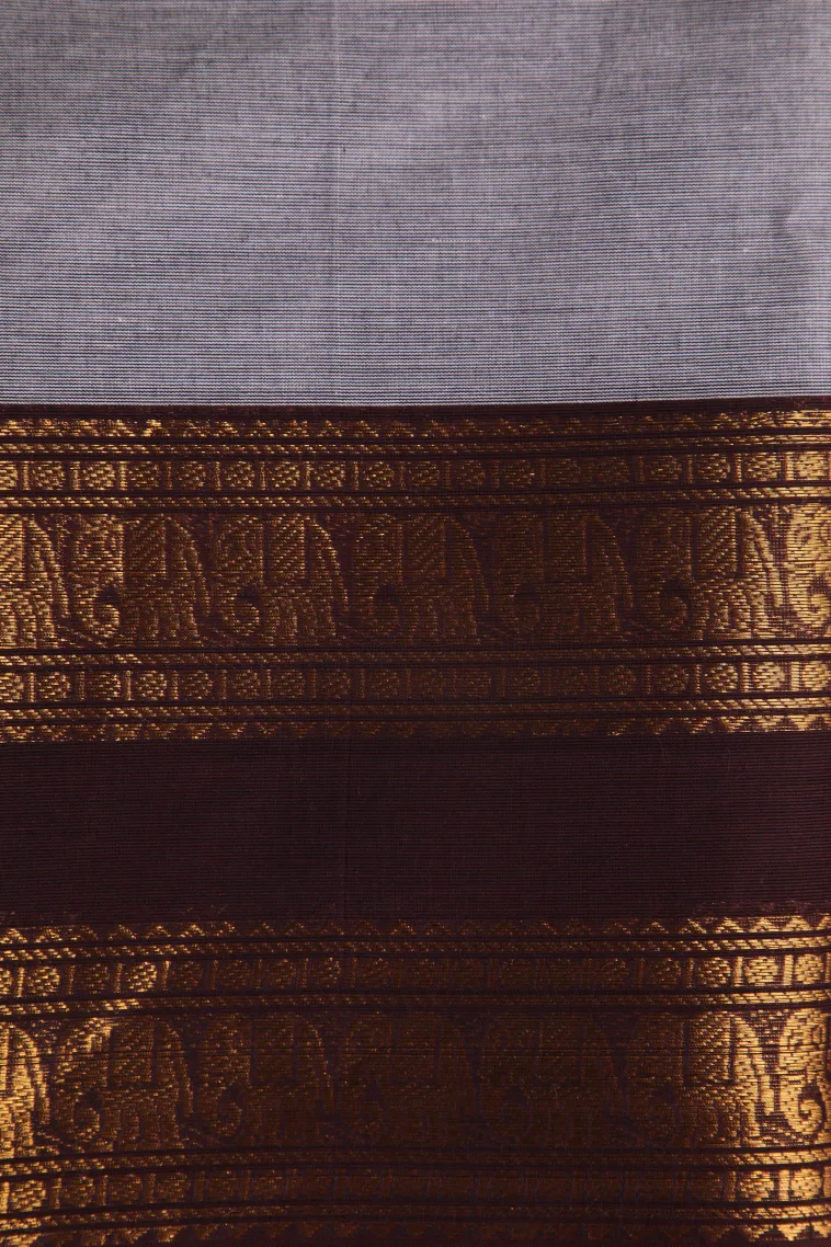 Gray Black Chettinad Cotton Sarees with Gold Zari Plain view 3