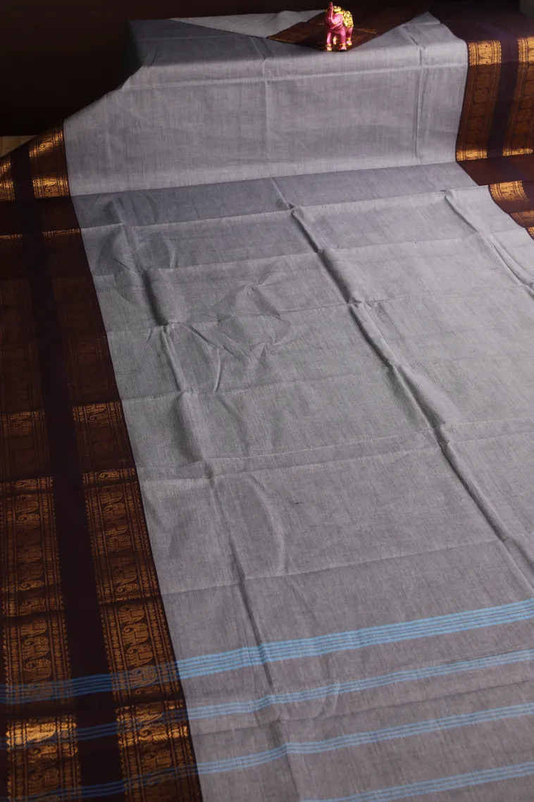 Gray Black Chettinad Cotton Sarees with Gold Zari Plain view 2