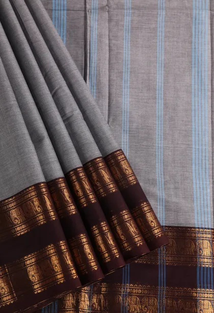 Gray Black Chettinad Cotton Sarees with Gold Zari Plain