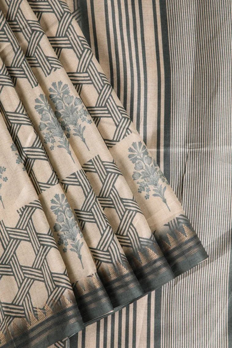 Teal Blue Semi Raw Silk Printed Without Zari With Geometric Shapes