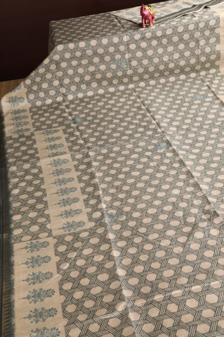 Teal Blue Semi Raw Silk Printed Without Zari With Geometric Shapes view 2