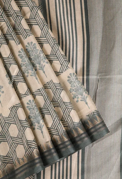 Teal Blue Semi Raw Silk Printed Without Zari With Geometric Shapes