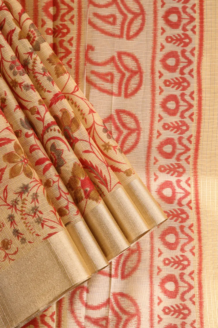 Cream White Raw Silk Sarees Without Zari With Floral Patterns