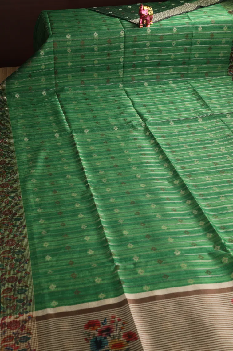 Seaweed Green Raw Silk Sarees with Gold And Silver Zari Straipes And Puttas view 2