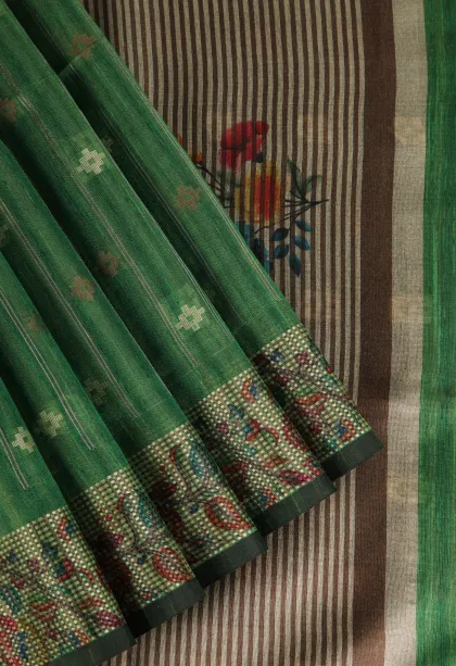 Seaweed Green Raw Silk Sarees with Gold And Silver Zari Straipes And Puttas