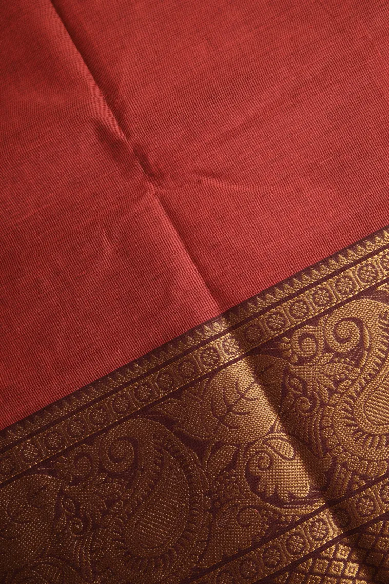 Cherry Red Chettinad Cotton Sarees with Gold Zari Plain view 3