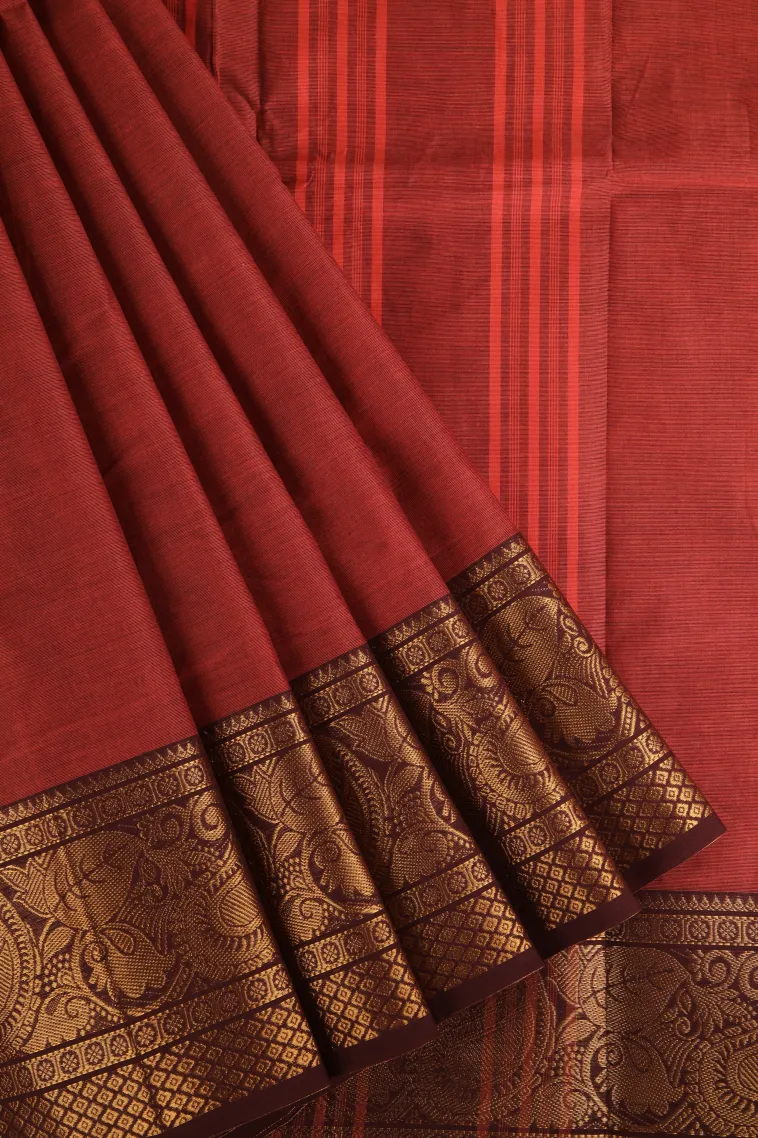 Cherry Red Chettinad Cotton Sarees with Gold Zari Plain