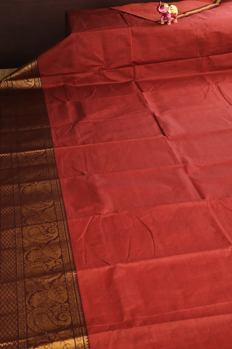 Cherry Red Chettinad Cotton Sarees with Gold Zari Plain view 2