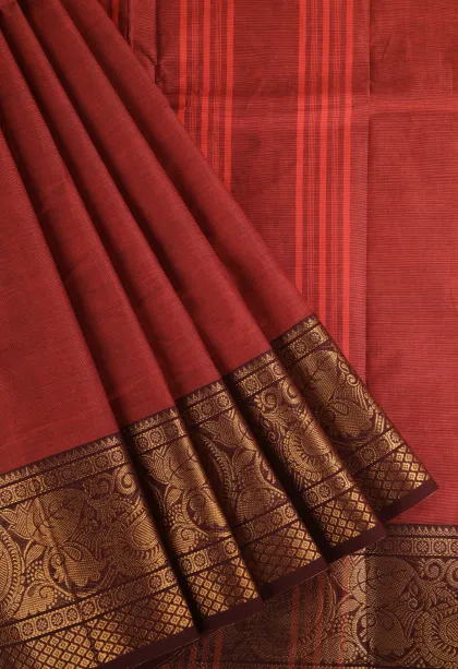 Cherry Red Chettinad Cotton Sarees with Gold Zari Plain