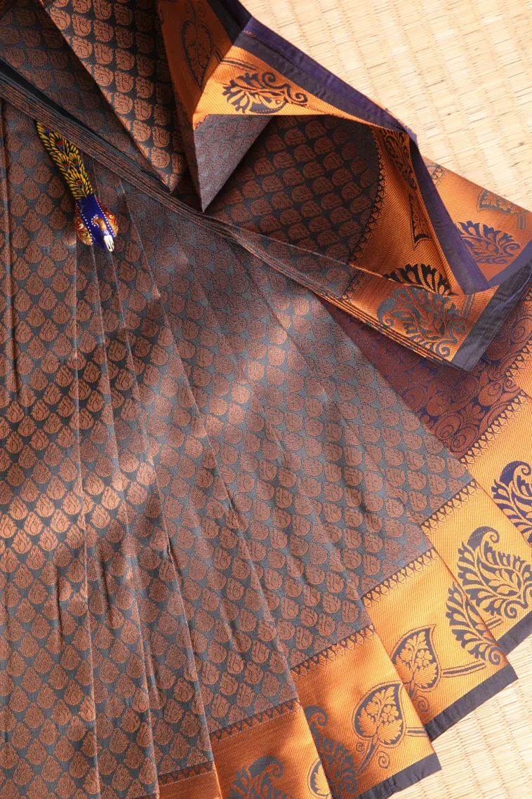 Slate Blue Visiri Madippu Silk Sarees with Copper Zari Floral Patterns