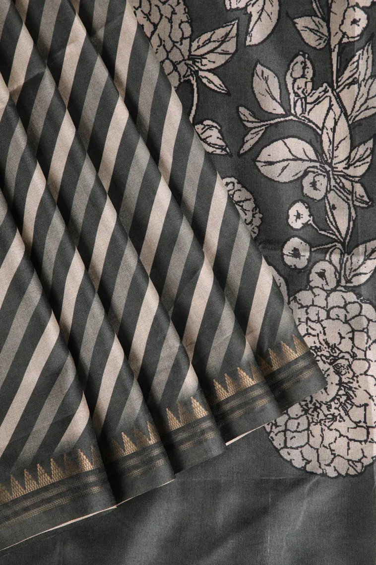 Gray Black Semi Raw Silk Printed Without Zari With Cross Straipes