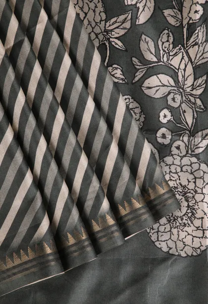 Gray Black Semi Raw Silk Printed Without Zari With Cross Straipes