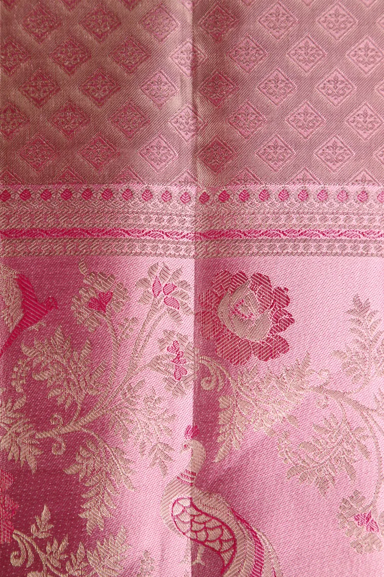 Rose Red Kanchipuram Silk Sarees with Gold Zari Floral Patterns view 3