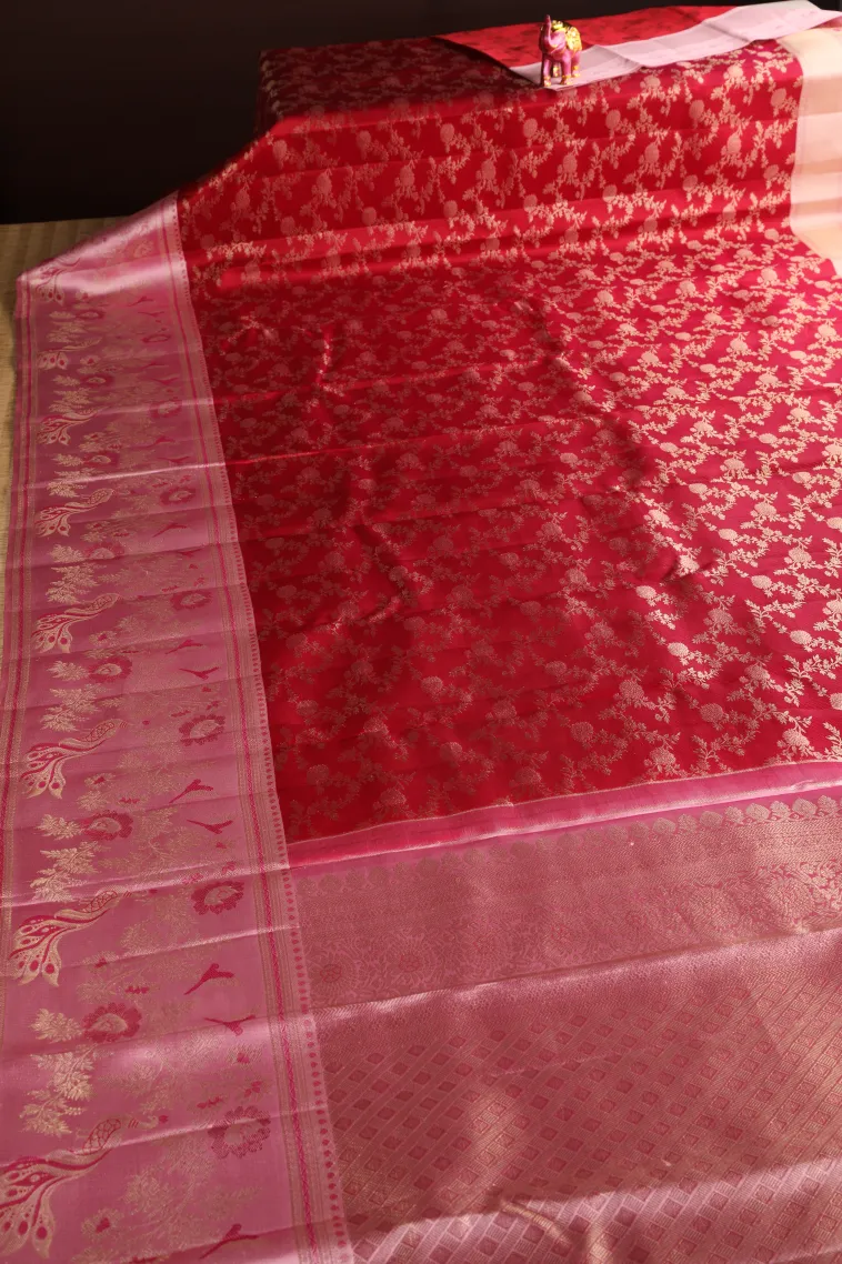 Rose Red Kanchipuram Silk Sarees with Gold Zari Floral Patterns view 2