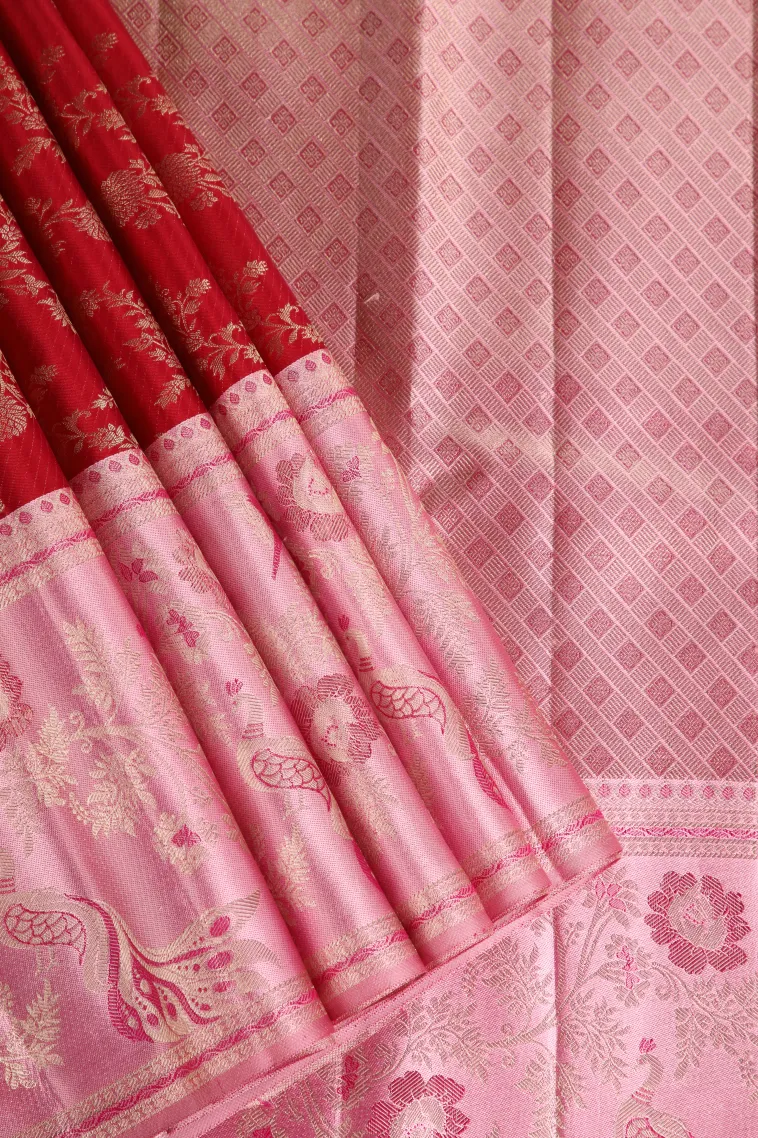 Rose Red Kanchipuram Silk Sarees with Gold Zari Floral Patterns view 1