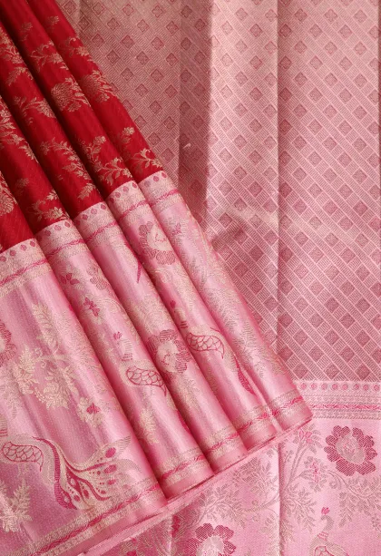Rose Red Kanchipuram Silk Sarees with Gold Zari Floral Patterns