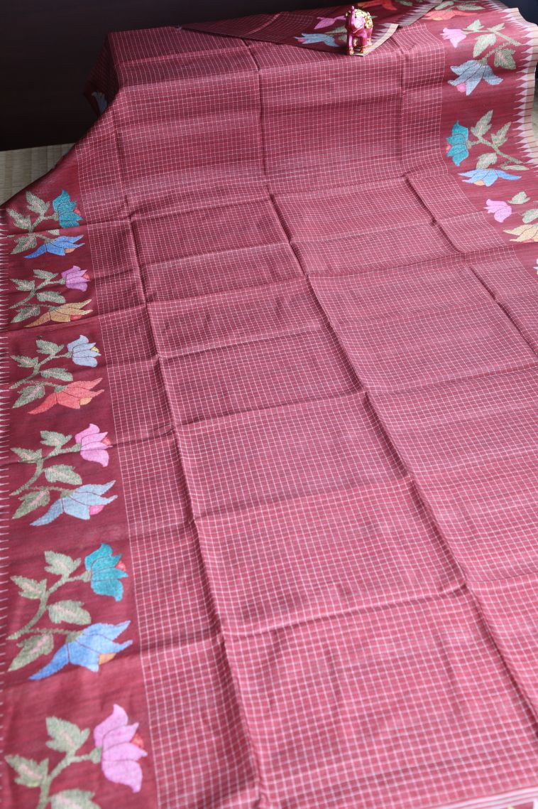 Cherry Red Raw Silk Sarees Without Zari With Checks view 2