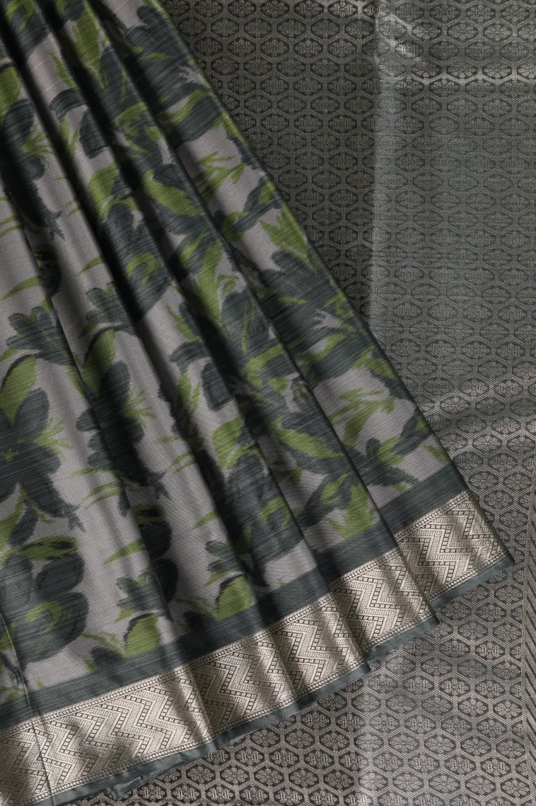 Slate Blue Soft Silk Sarees with Bronze Zari Floral Patterns