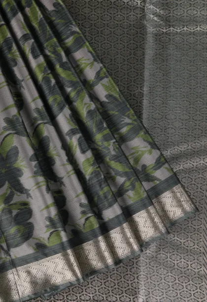 Slate Blue Soft Silk Sarees with Bronze Zari Floral Patterns