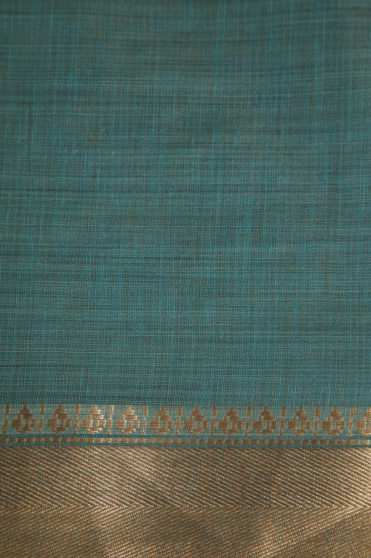 Teal Blue Chanderi Cotton Sarees Gold Zari with Floral Puttas Embroidary view 3