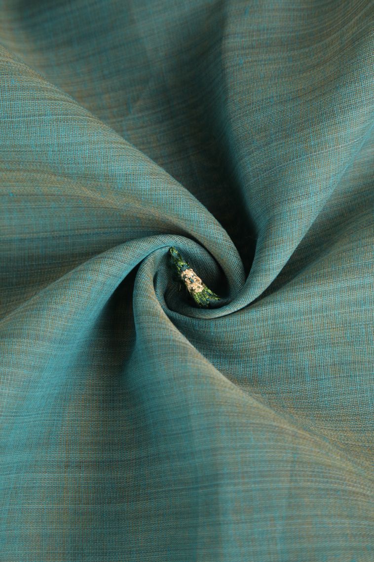 Teal Blue Chanderi Cotton Sarees Gold Zari with Floral Puttas Embroidary view 4