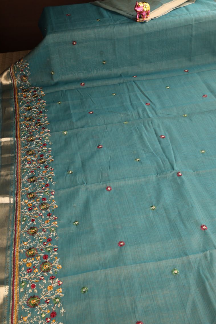 Teal Blue Chanderi Cotton Sarees Gold Zari with Floral Puttas Embroidary view 2