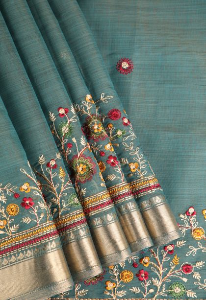 Teal Blue Chanderi Cotton Sarees Gold Zari with Floral Puttas Embroidary