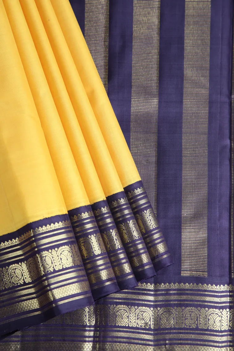 Lemon Yellow Kanchipuram Silk Sarees with Gold Zari Plain