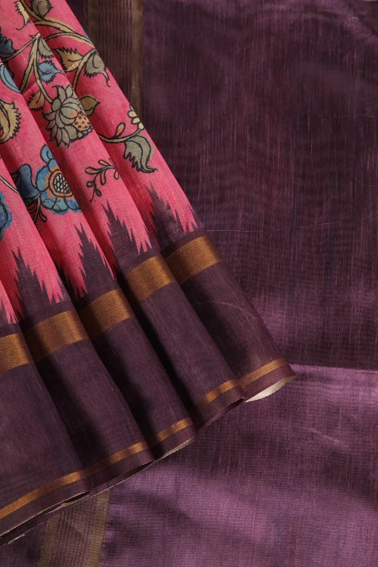 Rose Pink Tussar Saree with Gold Zari Floral Patterns