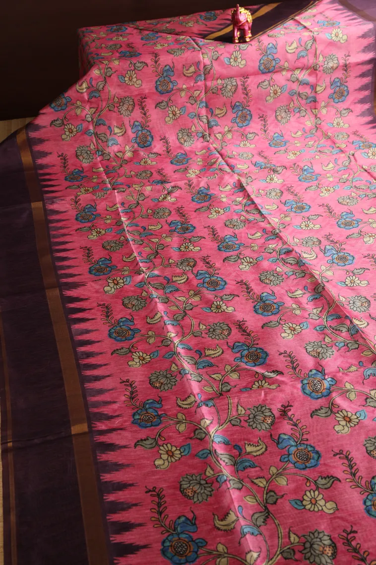Rose Pink Tussar Saree with Gold Zari Floral Patterns view 2