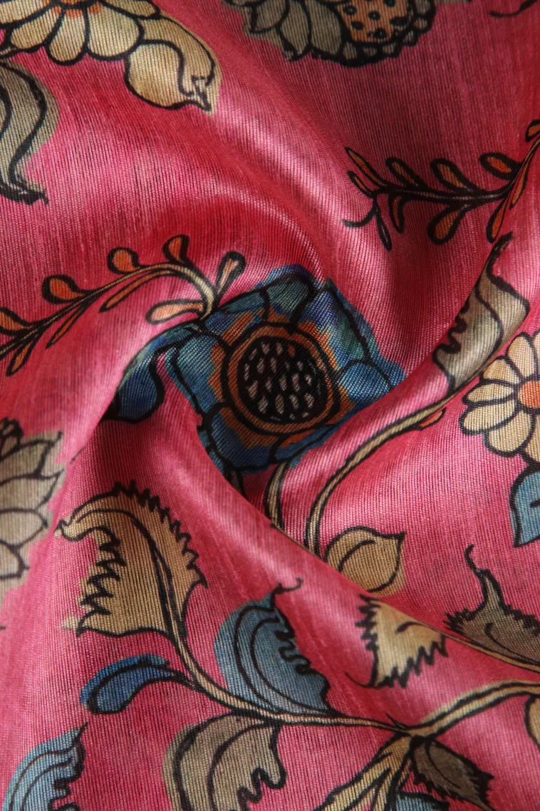 Rose Pink Tussar Saree with Gold Zari Floral Patterns view 4