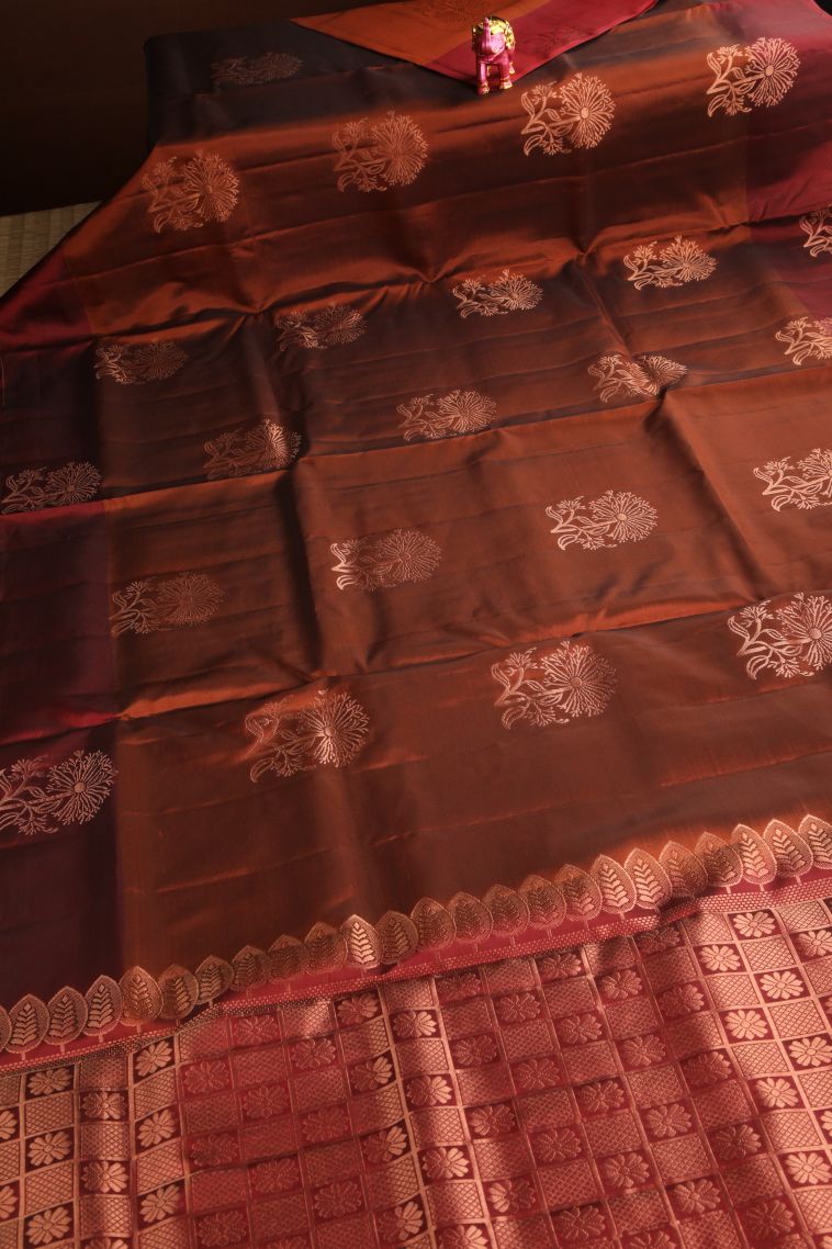 Rust Orange Soft Silk Saree Copper Zari with Floral Patterns view 2