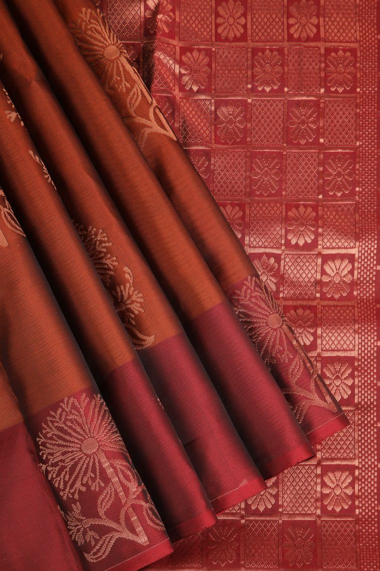 Rust Orange Soft Silk Saree Copper Zari with Floral Patterns