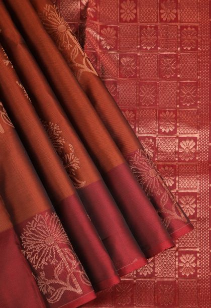 Rust Orange Soft Silk Saree Copper Zari with Floral Patterns