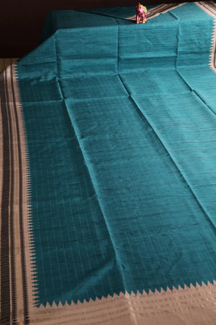 Ocean Blue Raw Silk Sarees Without Zari With Checks view 2