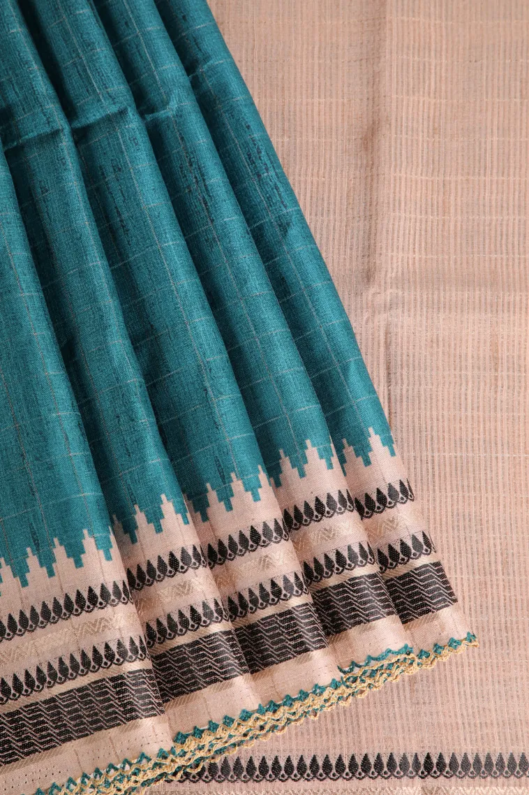 Ocean Blue Raw Silk Sarees Without Zari With Checks view 1
