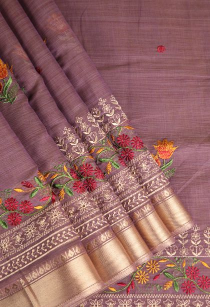 Heather Purple Chanderi Cotton Sarees Gold Zari with Floral Puttas Embroidary