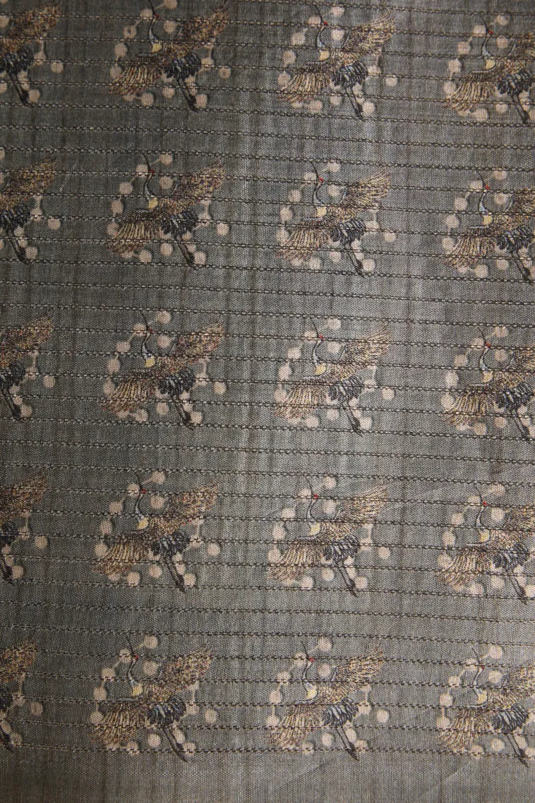 Gray Black Tussar Saree Without Zari With Birds Mottif view 3