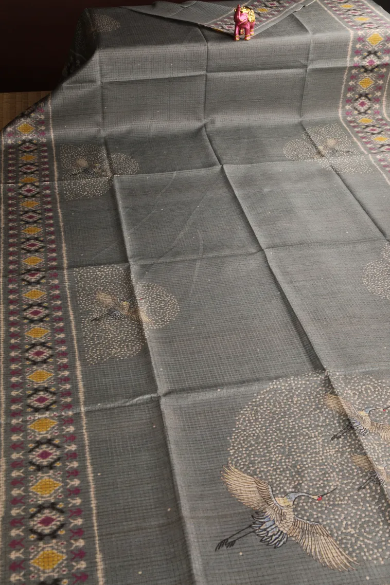 Gray Black Tussar Saree Without Zari With Birds Mottif view 2