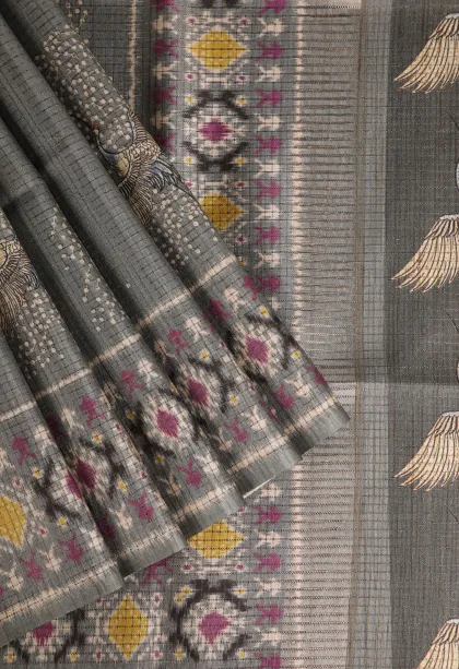 Gray Black Tussar Saree Without Zari With Birds Mottif