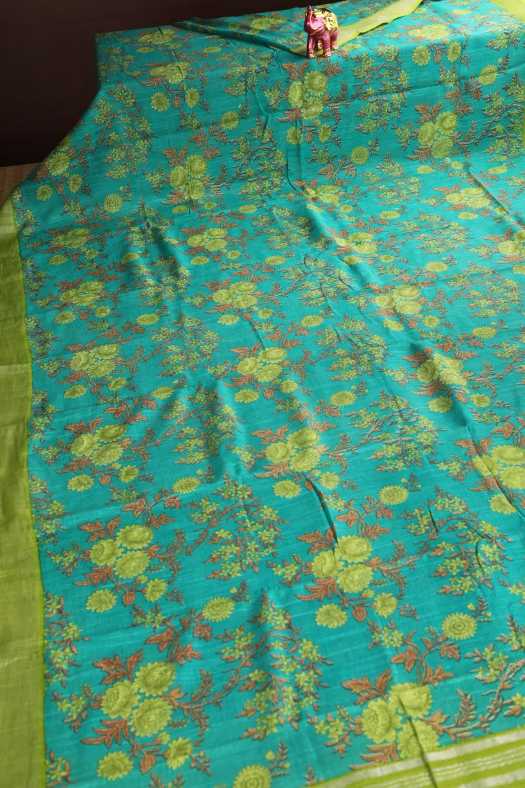 Sky Blue Linen Saree with Silver Zari Floral Patterns view 2