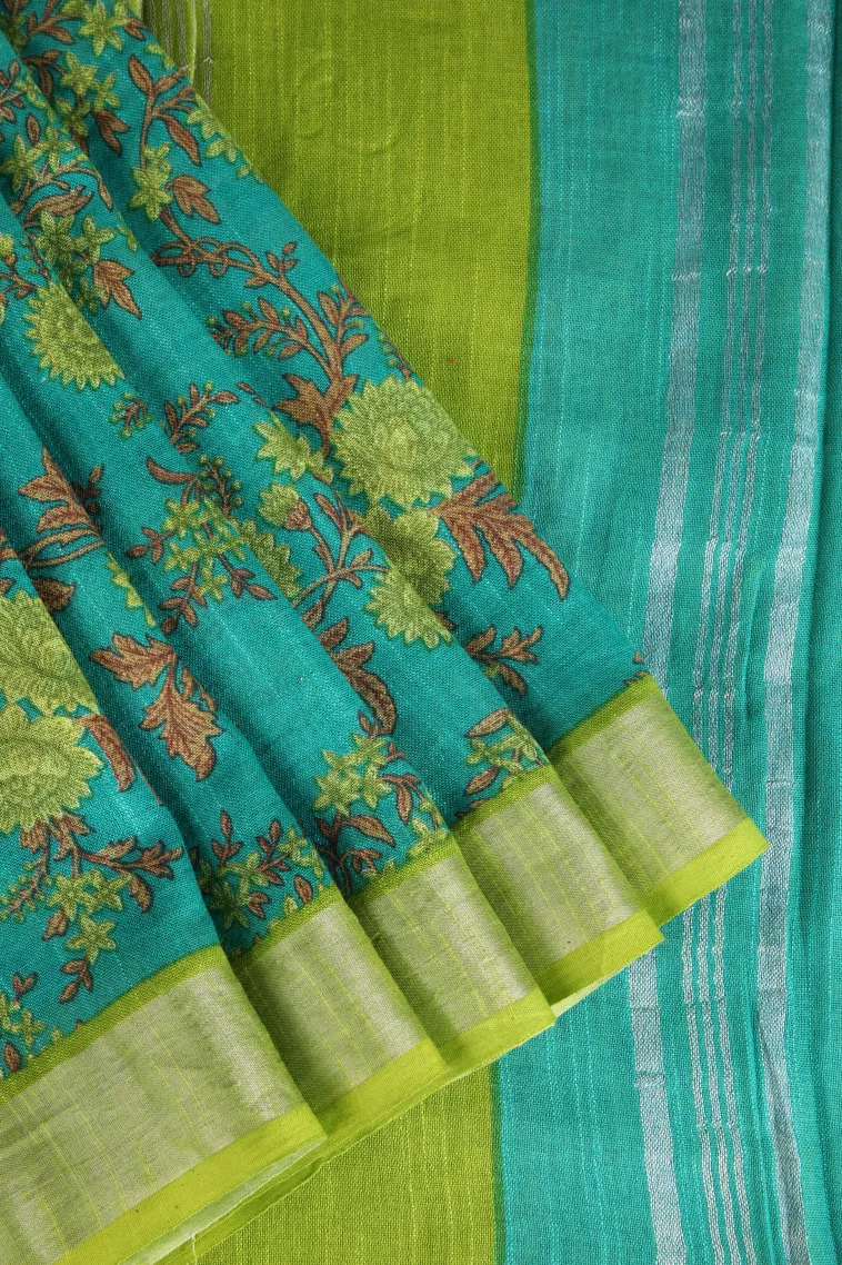 Sky Blue Linen Saree with Silver Zari Floral Patterns view 1