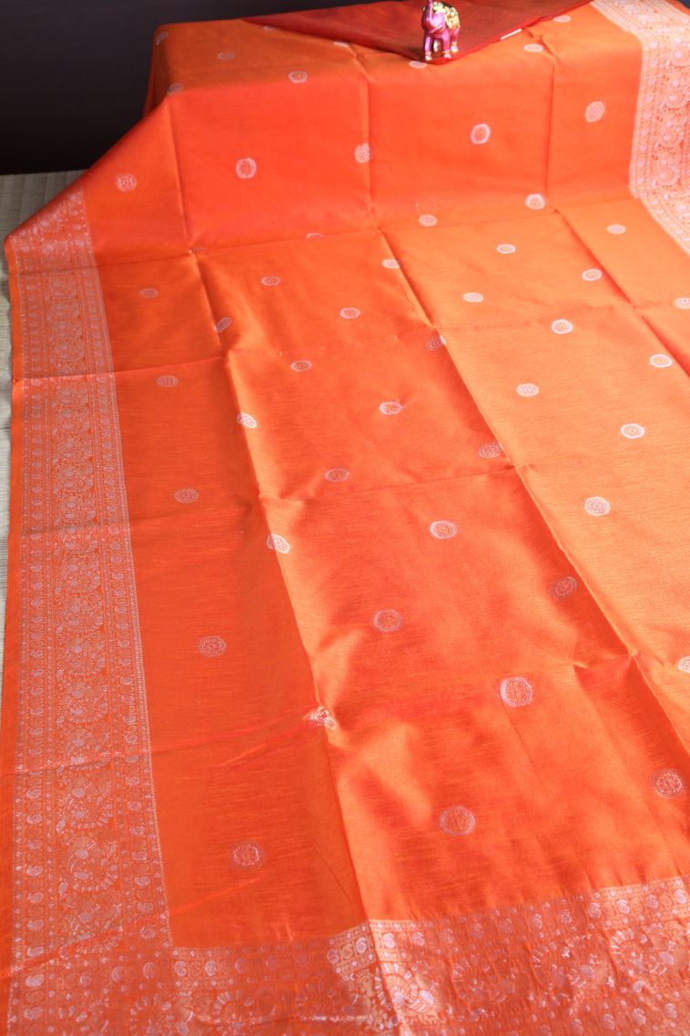 Carrot Orange Raw Silk Sarees with Copper Zari Puttas view 2