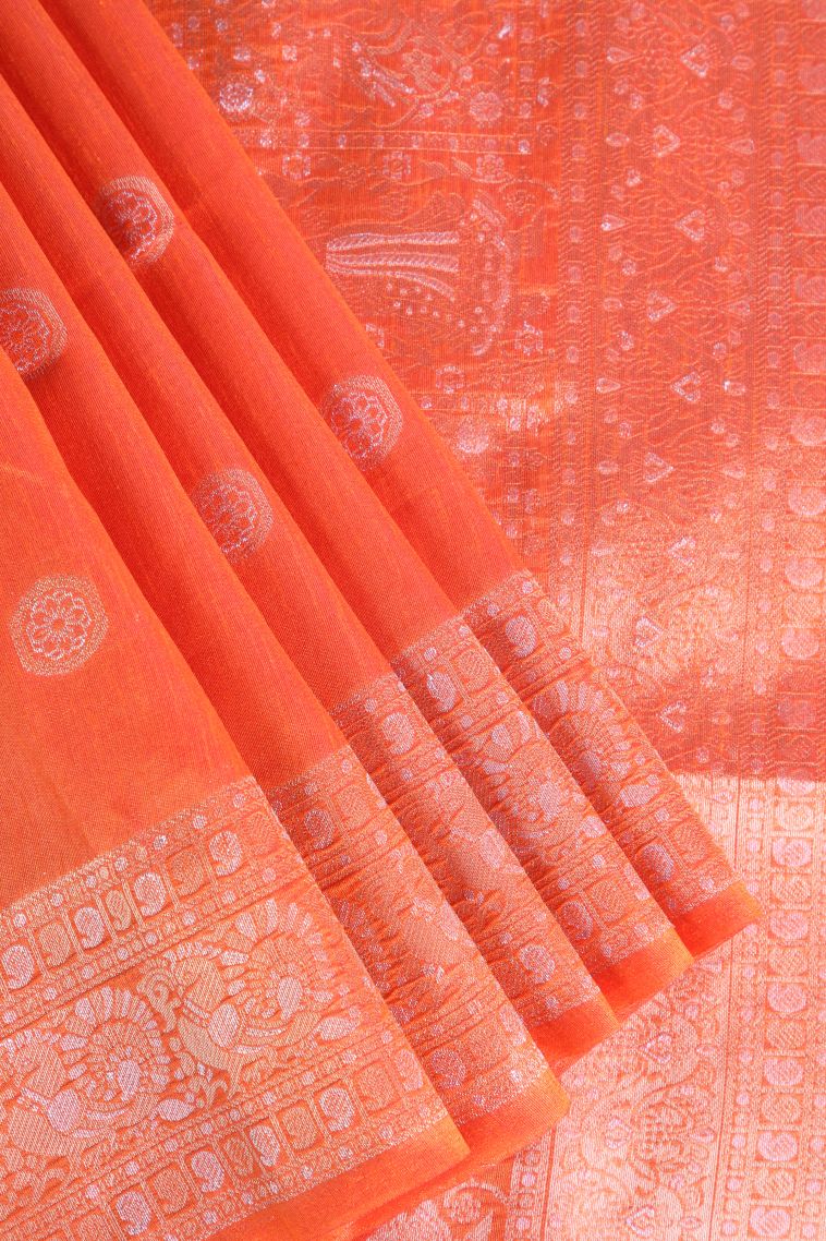 Carrot Orange Raw Silk Sarees with Copper Zari Puttas view 1