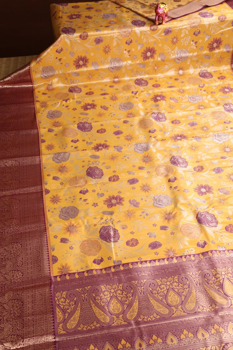 Lemon Yellow Apoorva Silk Sarees with Copper Zari Floral Patterns view 2