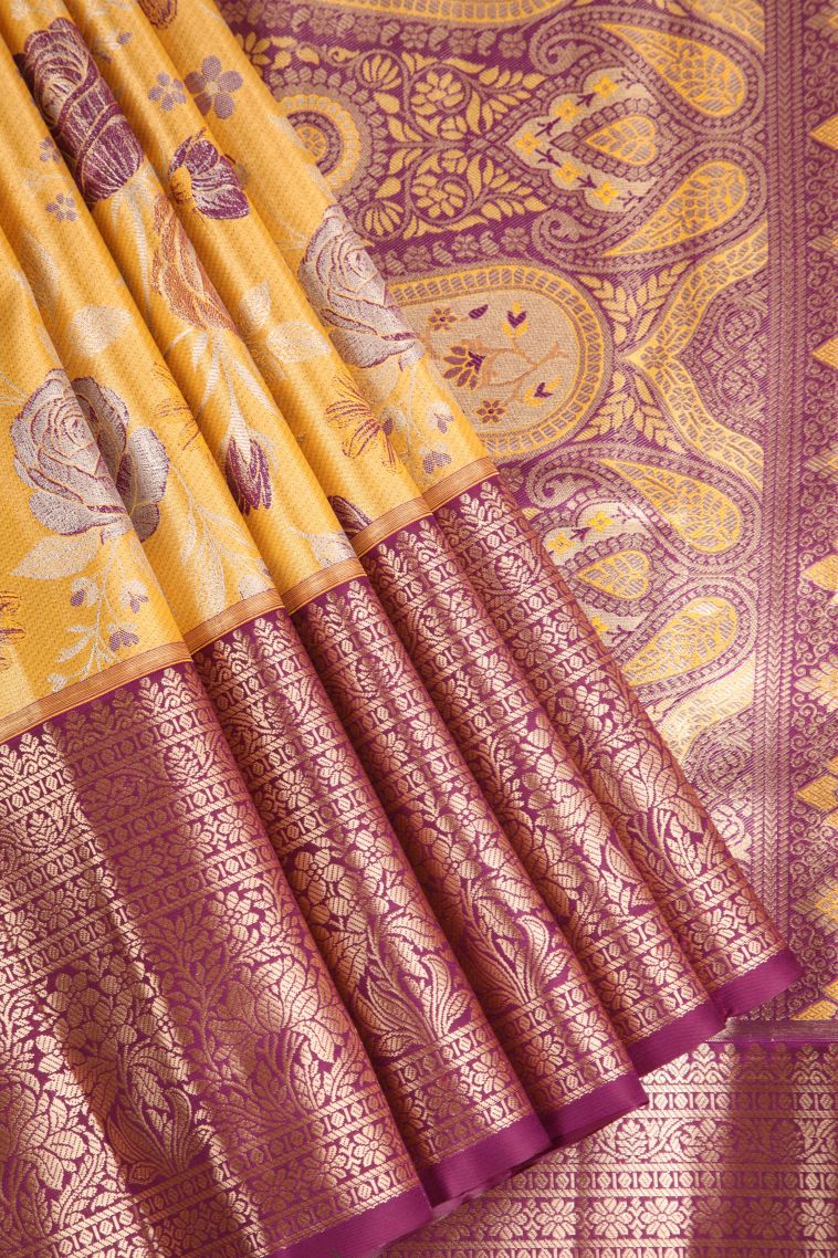 Lemon Yellow Apoorva Silk Sarees with Copper Zari Floral Patterns