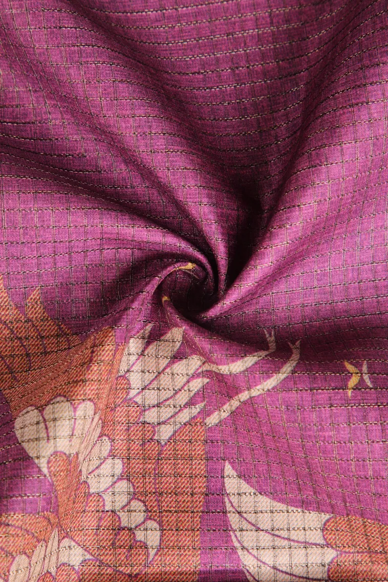 Magenta Purple Tussar Saree Without Zari With Birds Mottif view 4