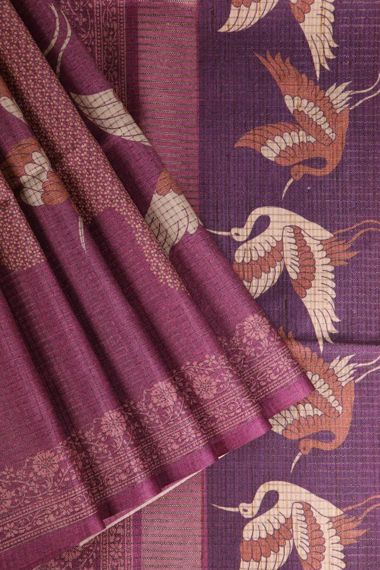 Magenta Purple Tussar Saree Without Zari With Birds Mottif view 1
