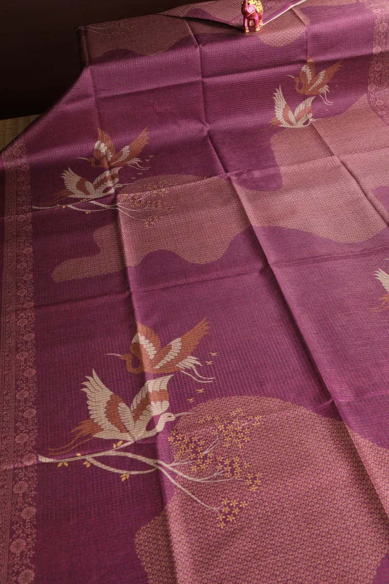 Magenta Purple Tussar Saree Without Zari With Birds Mottif view 2